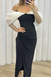 Elegante, einfarbige Abendkleider mit Schlitz und schulterfreier Falte